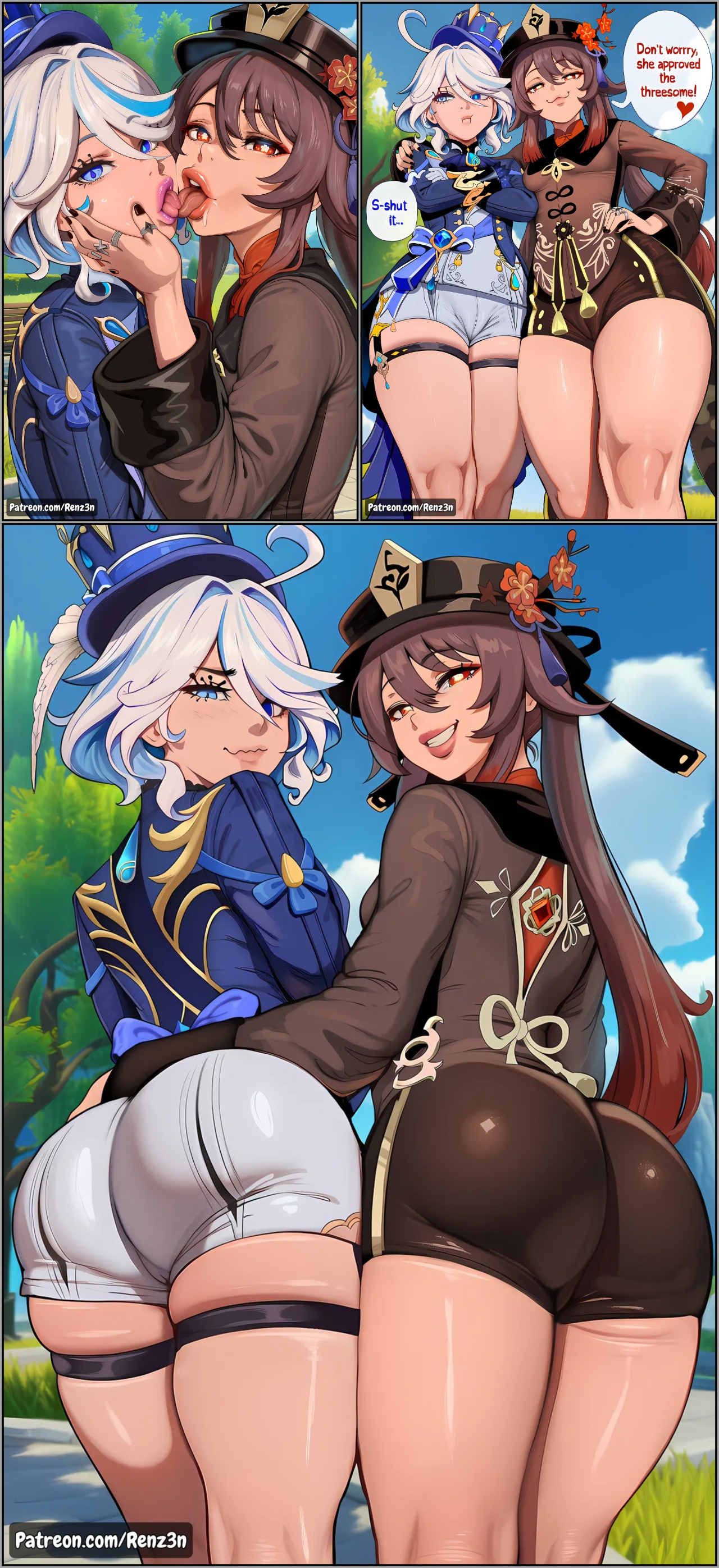 Furina And Hu Tao, Tag Team Threesome Porn Comics english 02